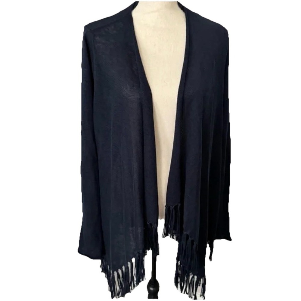 Calypso Saint Barth Women's 100% Linen Fringe Trim Open Cardigan Blue Size Small